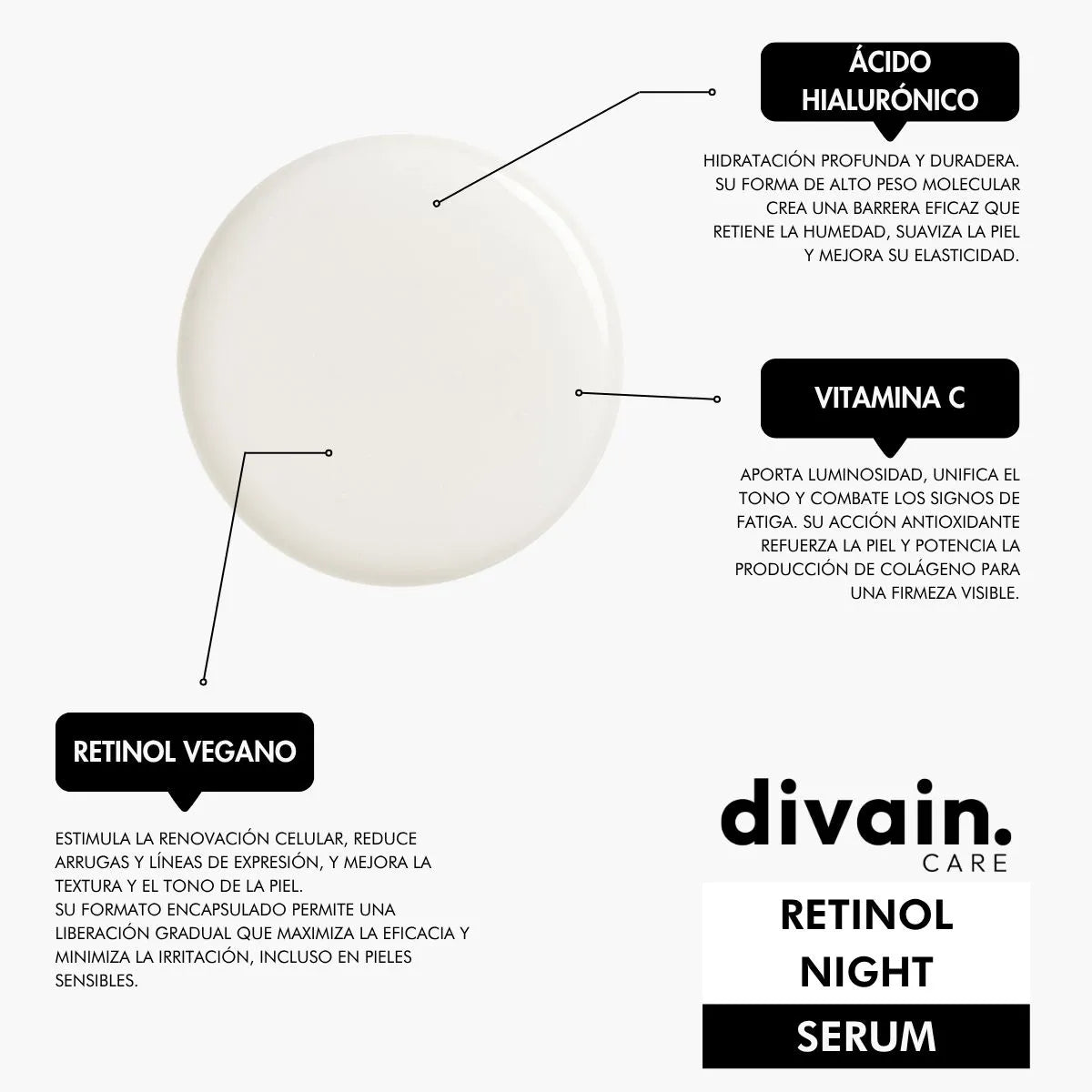Sérum nocturno divain Care con retinol vegano, ácido hialurónico y vitamina C para piel firme y luminosa