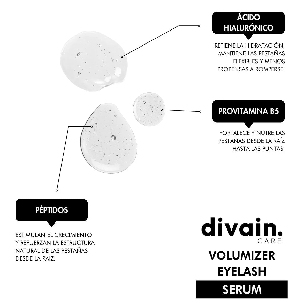 Sérum voluminizador de pestañas divain Care con péptidos, provitamina B5 y ácido hialurónico