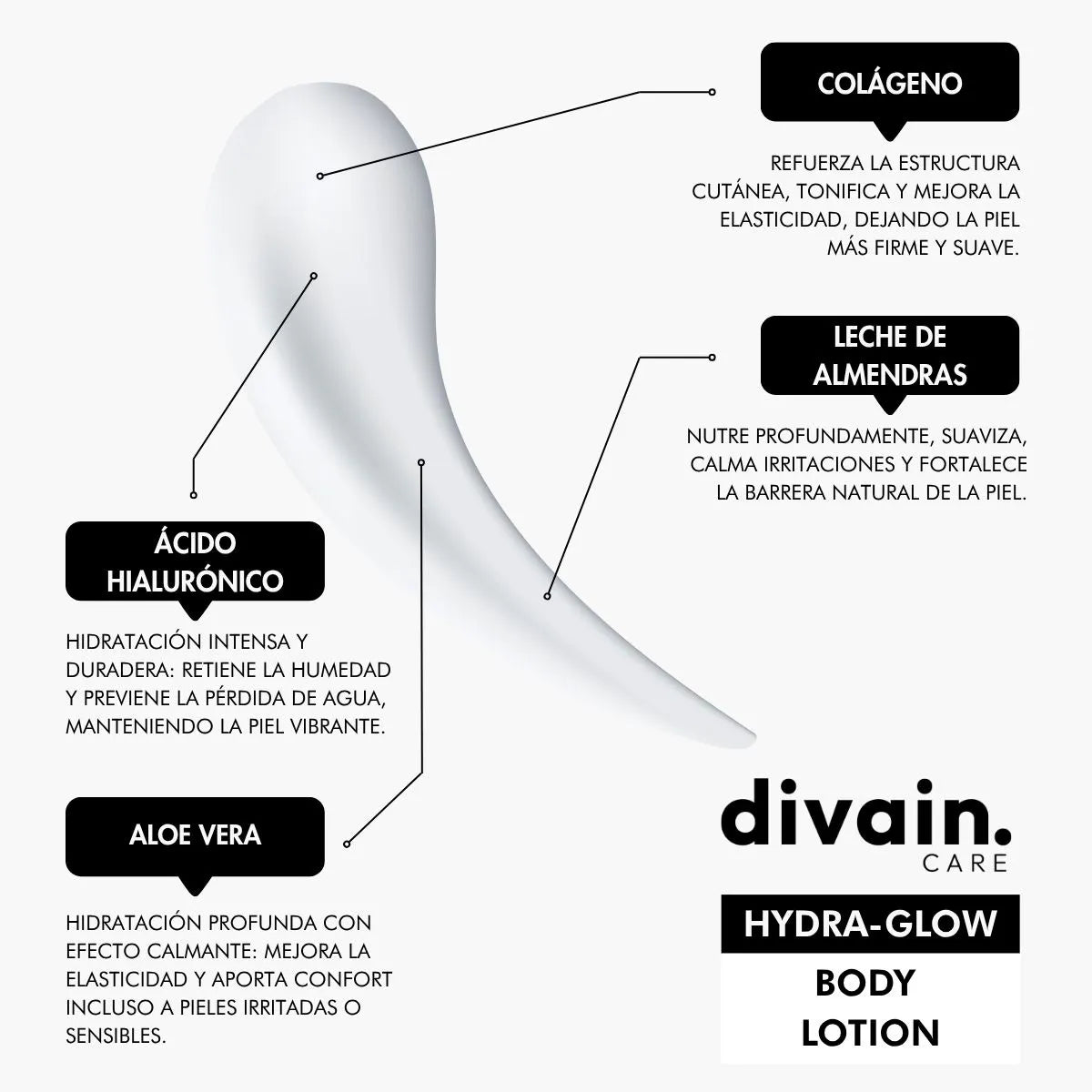 Body lotion divain Care Hydra-Glow with hyaluronic acid, aloe vera, collagen, and almond milk for hydrated and luminous skin.
