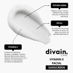 Protector solar facial divain Care con vitamina E y textura ligera para pieles sensibles.