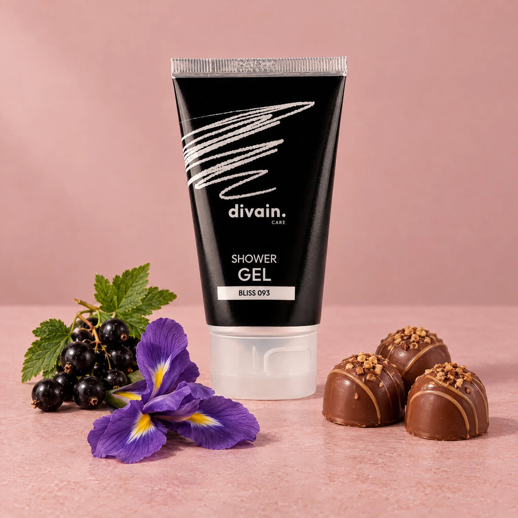 Shower Gel divain.093 con grosellas negras, iris y praliné, sus notas olfativas