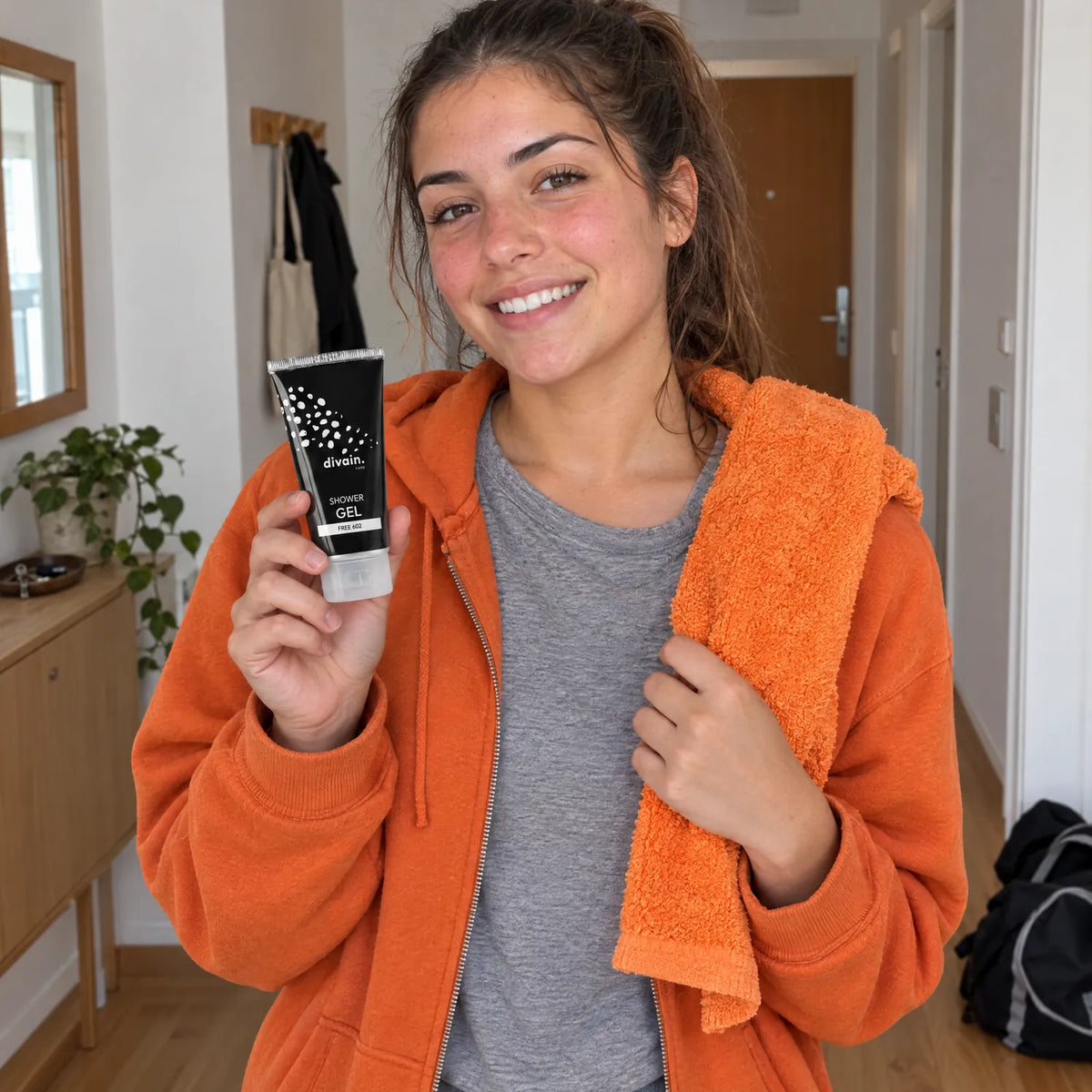 Mujer joven con el Shower Gel divain.602 después de hacer deporte