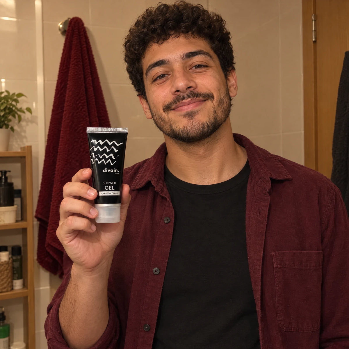 Hombre joven con el Shower Gel divain.611 antes de salir