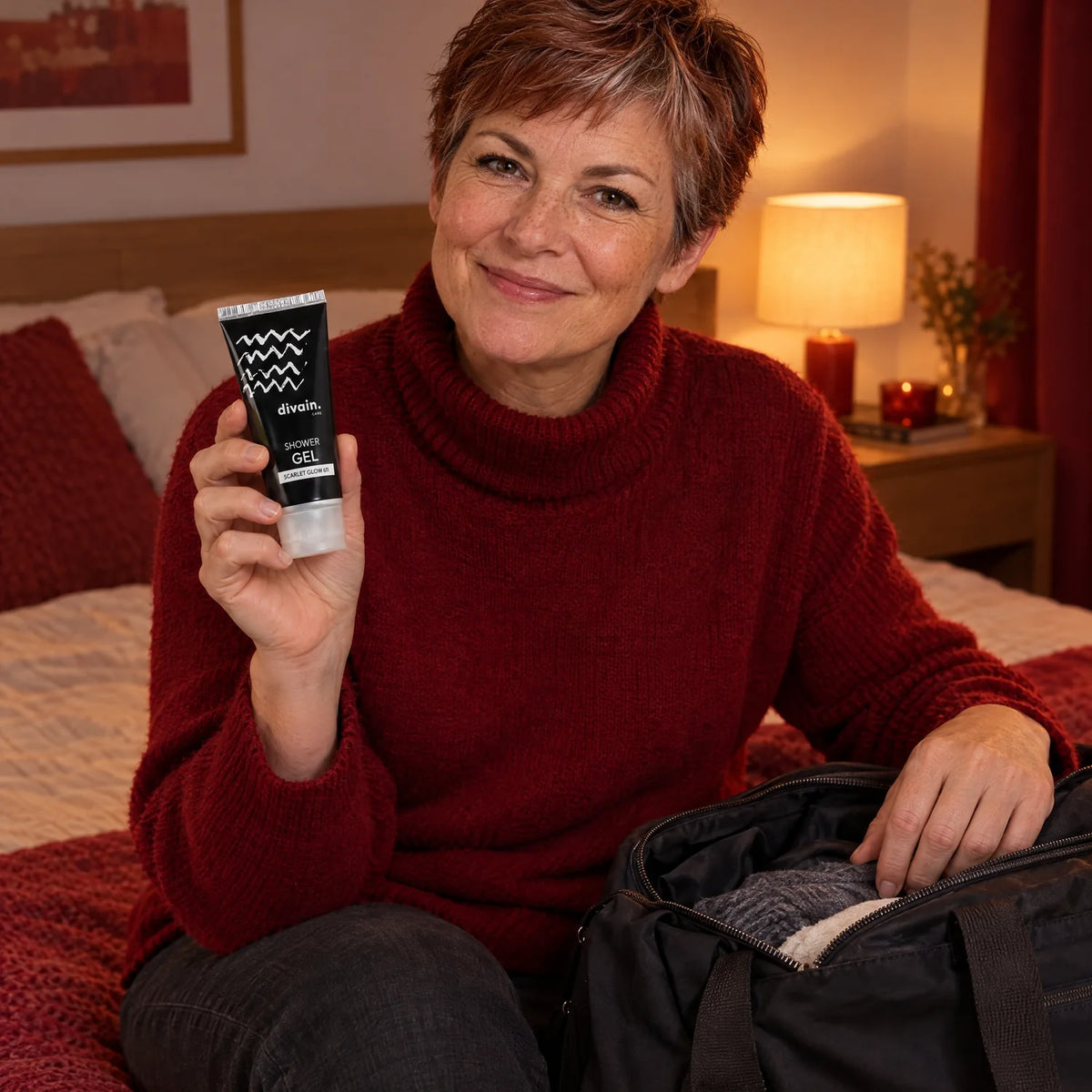 Mujer preparando su bolsa de fin de semana con el Shower Gel divain.611