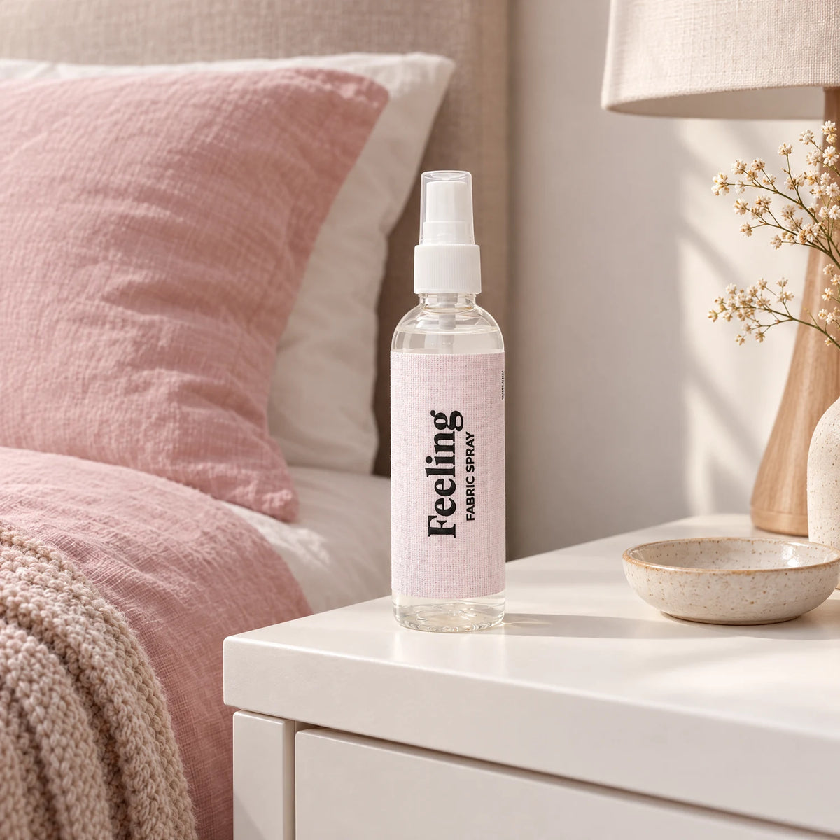 Feeling en la mesilla junto a la cama con ropa rosa