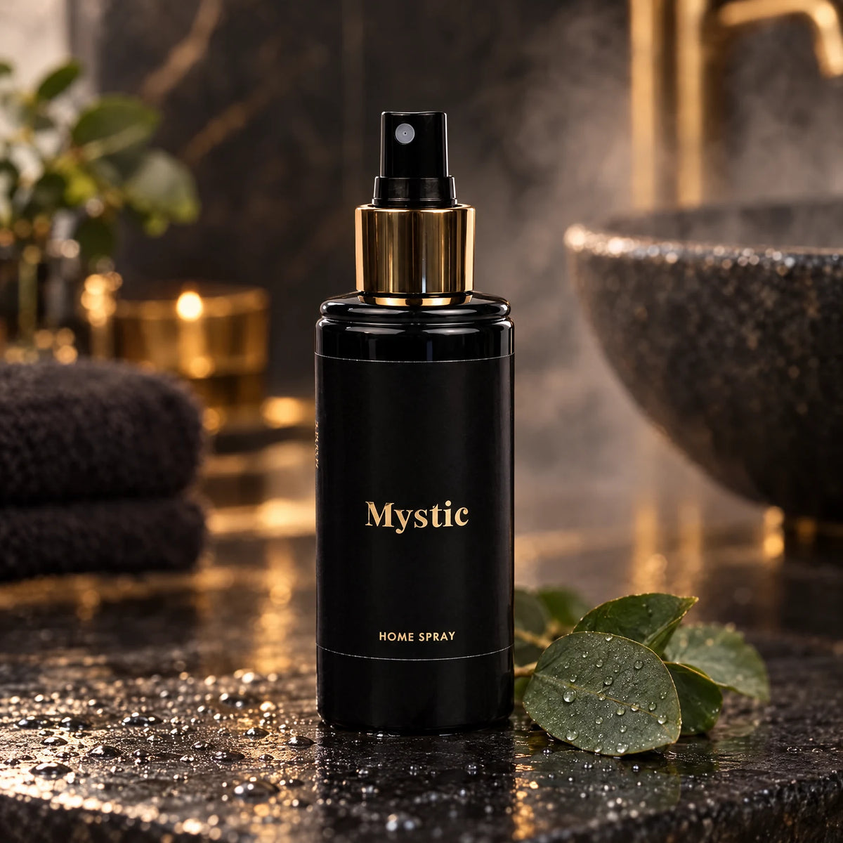 Detalle del pulverizador dorado de Mystic en un baño tipo spa