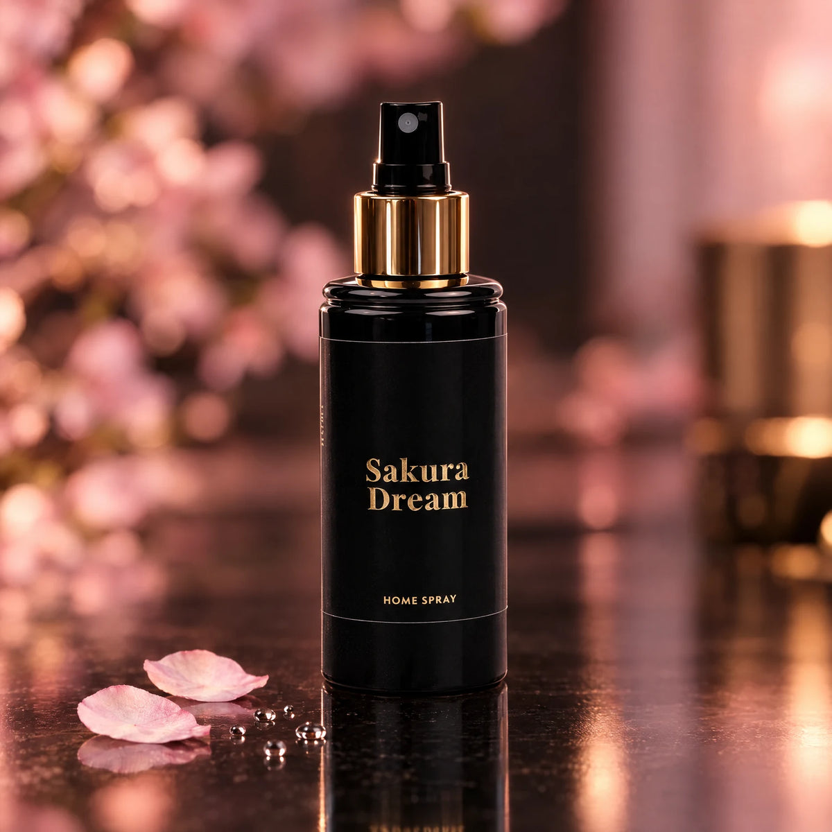 Detalle del pulverizador dorado de Sakura Dream con pétalos de cerezo