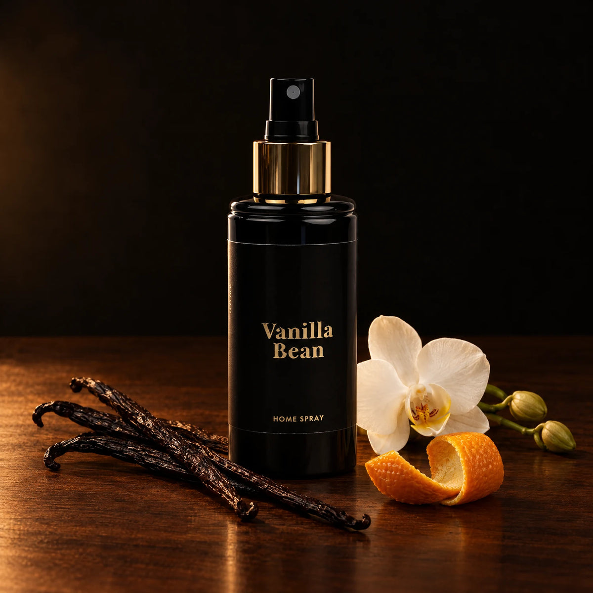 Vanilla Bean con vainas de vainilla, orquídea y piel de naranja