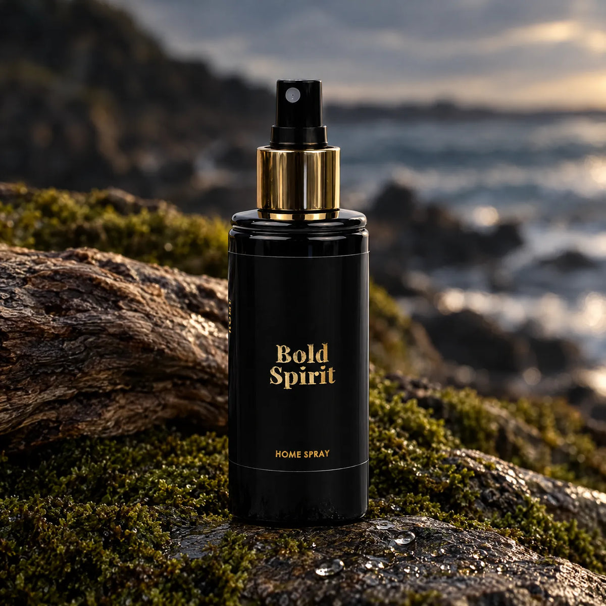 Bold Spirit sobre roca con musgo, evocando sus notas marinas y de musgo de roble