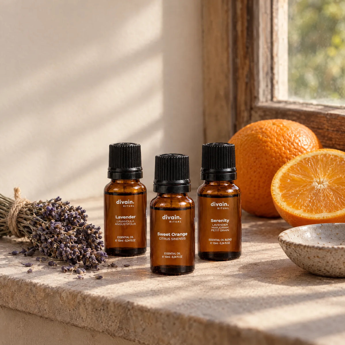 Aceites esenciales divain. RITUAL en un alféizar