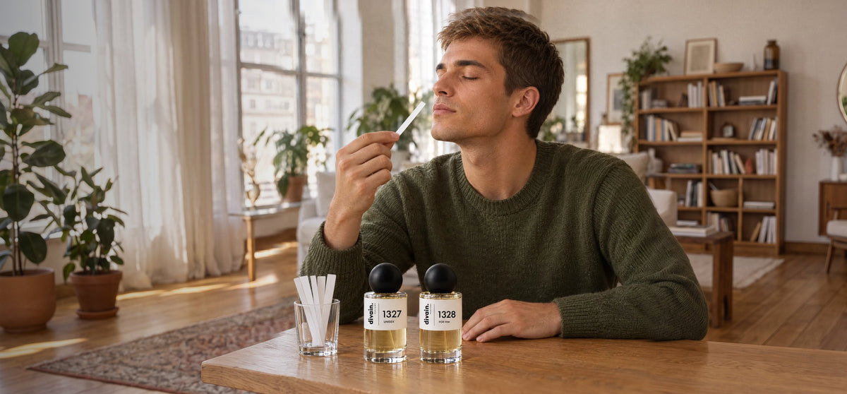 Hombre oliendo un perfume divain. en casa