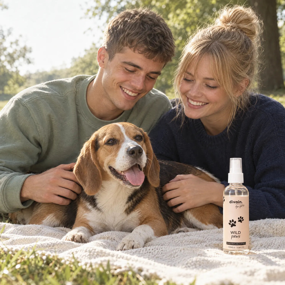 Pareja con su beagle en un picnic y Wild Paws