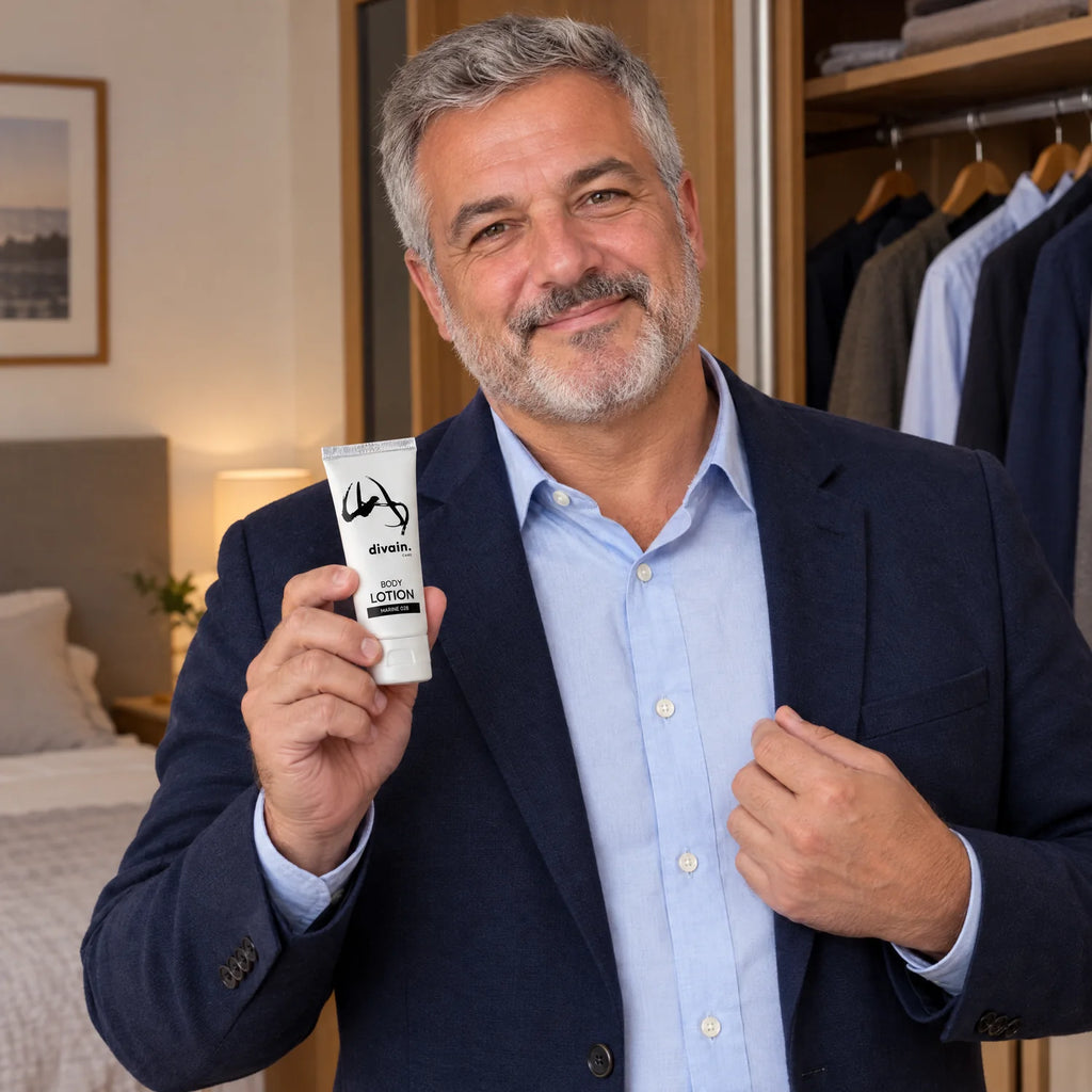 Hombre maduro con la Body Lotion divain.028 preparándose para una cena