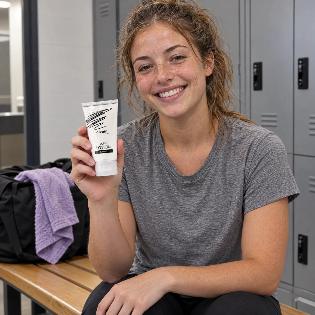 Mujer joven con la Body Lotion divain.093 después del gimnasio