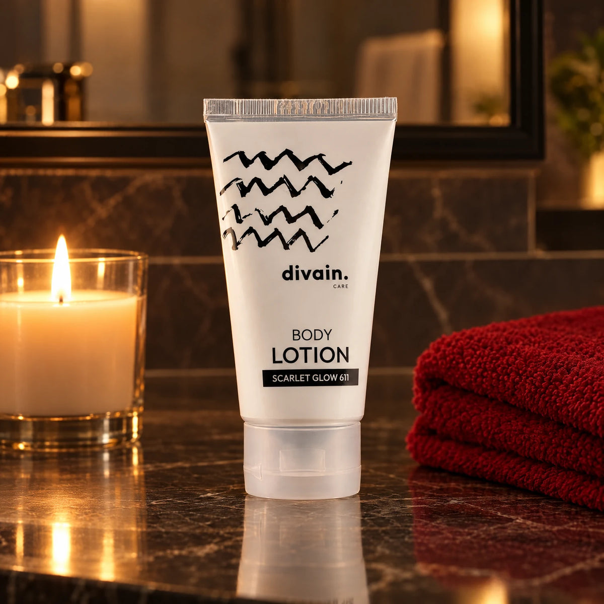 Body Lotion divain.611 en el baño con luz de vela