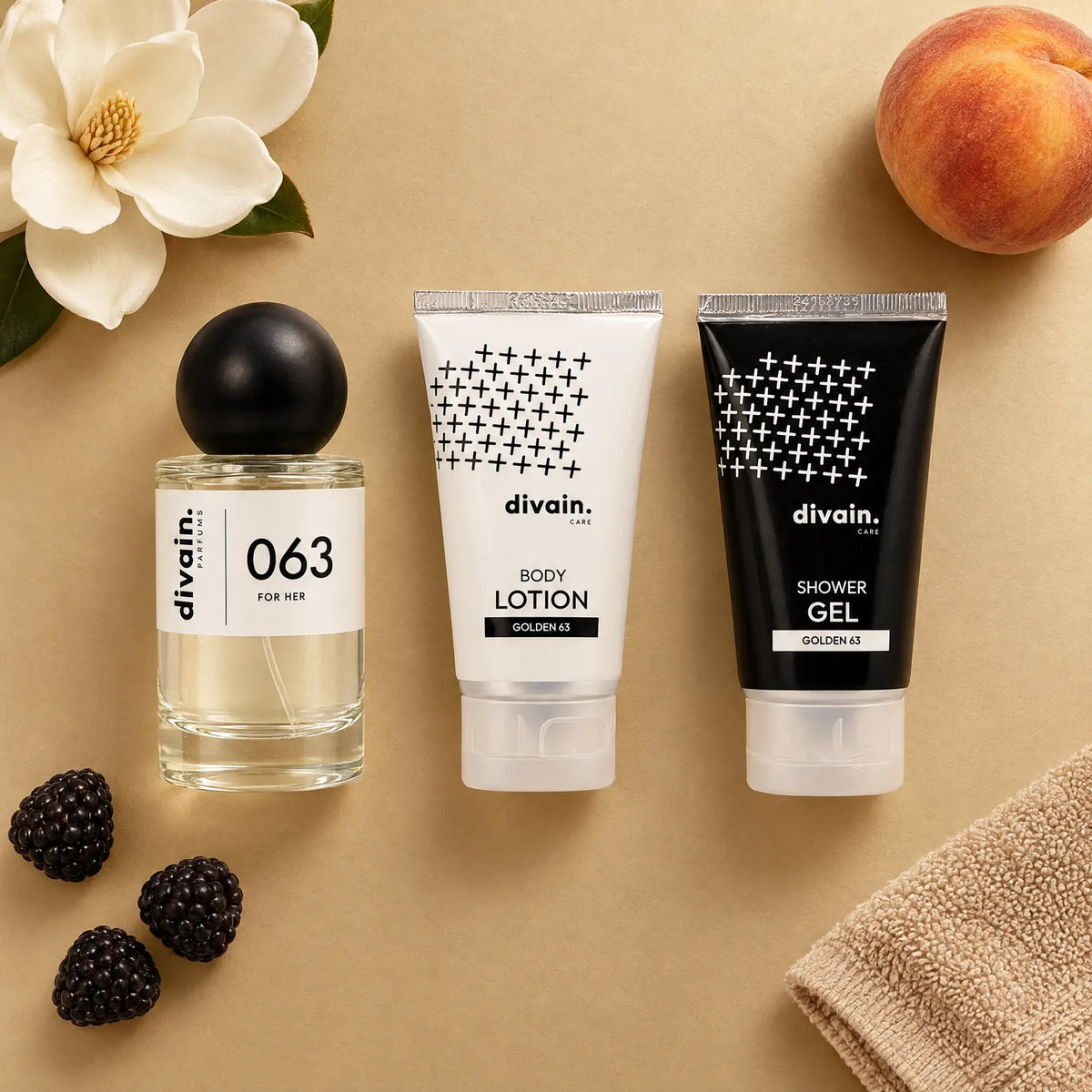 Contenido del Pack divain.063 con magnolia, melocotón y frambuesa negra