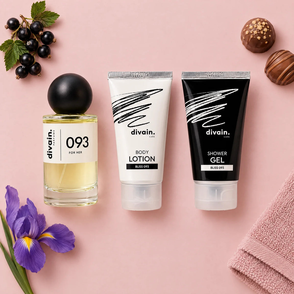 Contenido del Pack divain.093 con grosellas, iris y praliné