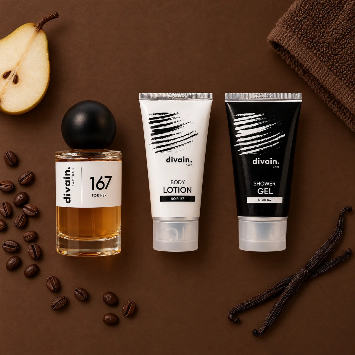Contenido del Pack divain.167 con pera, café y vainilla