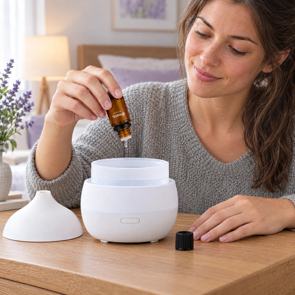 Cómo usarlo: unas gotas de aceite esencial de lavanda en el agua del difusor