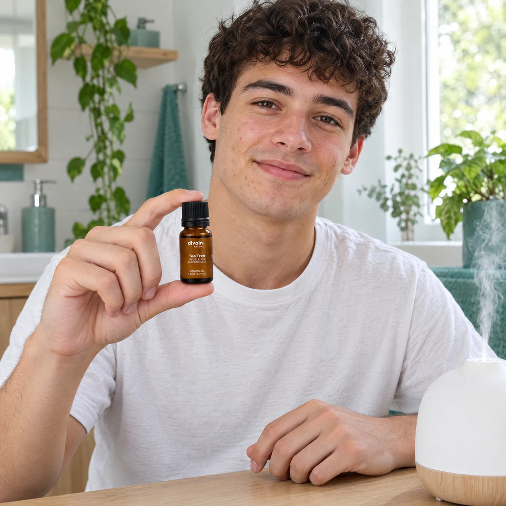 Chico joven en el baño con el aceite esencial de árbol de té