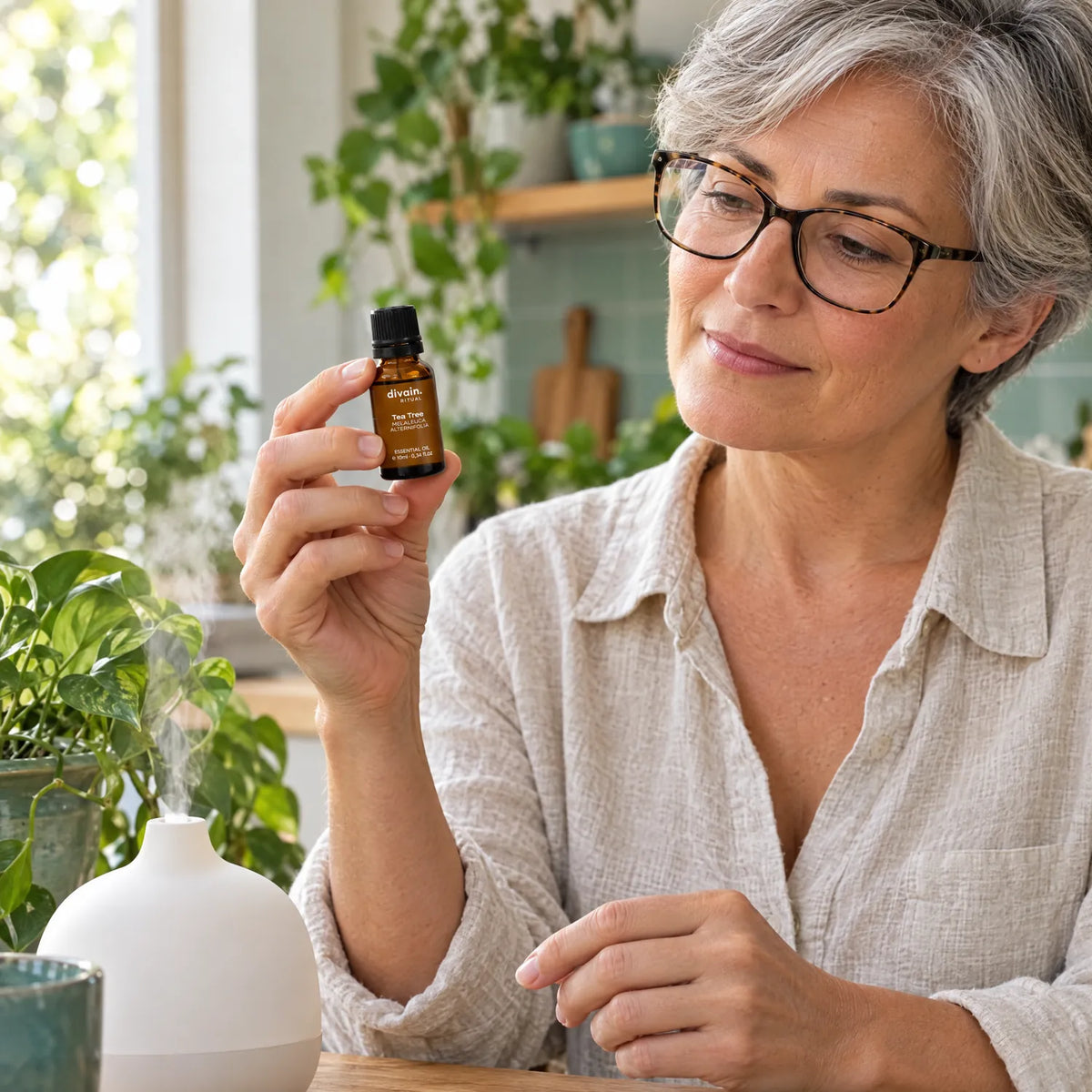 Mujer de 50 años en su cocina con el aceite esencial de árbol de té
