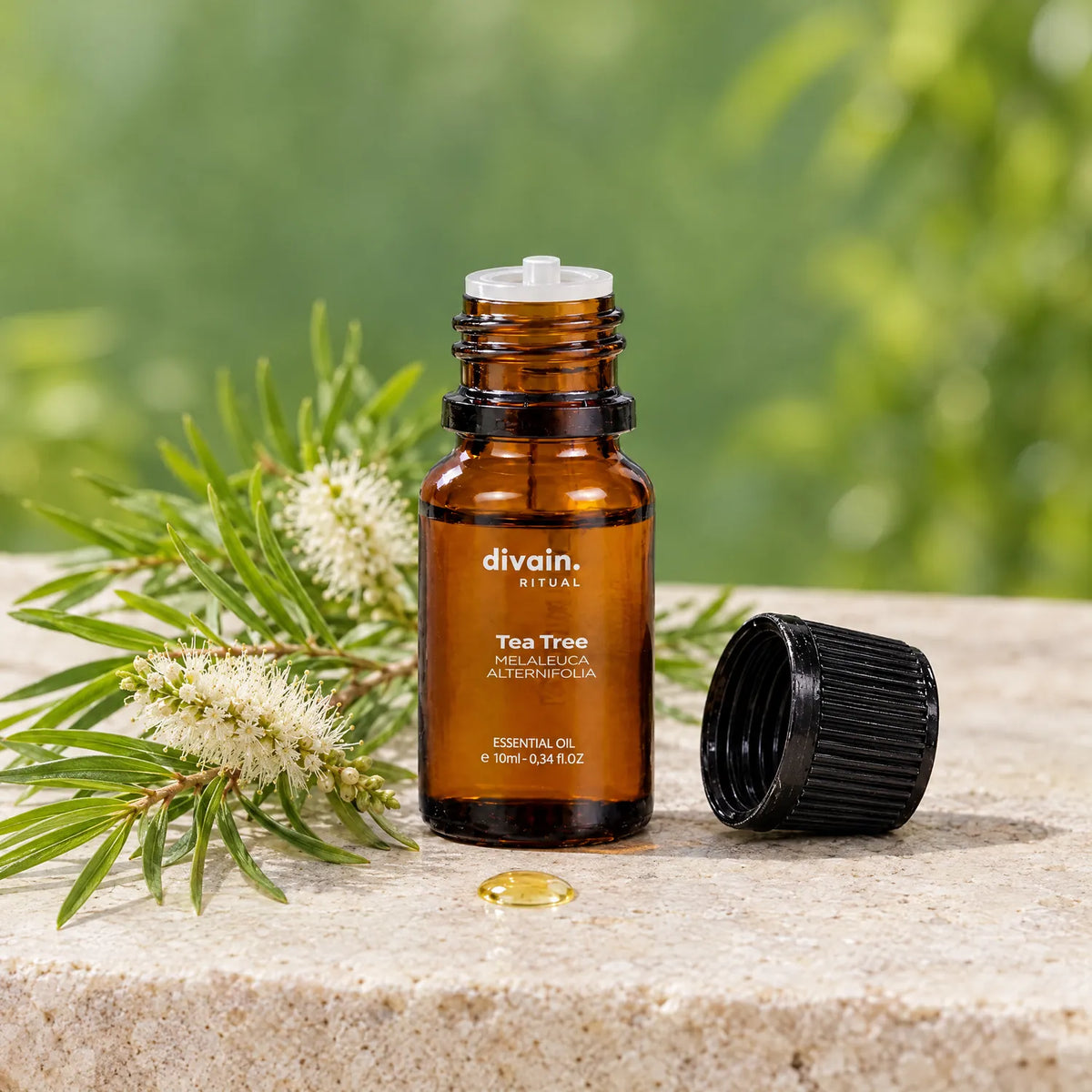 Frasco abierto con cuentagotas, una gota de aceite y ramas de melaleuca en flor