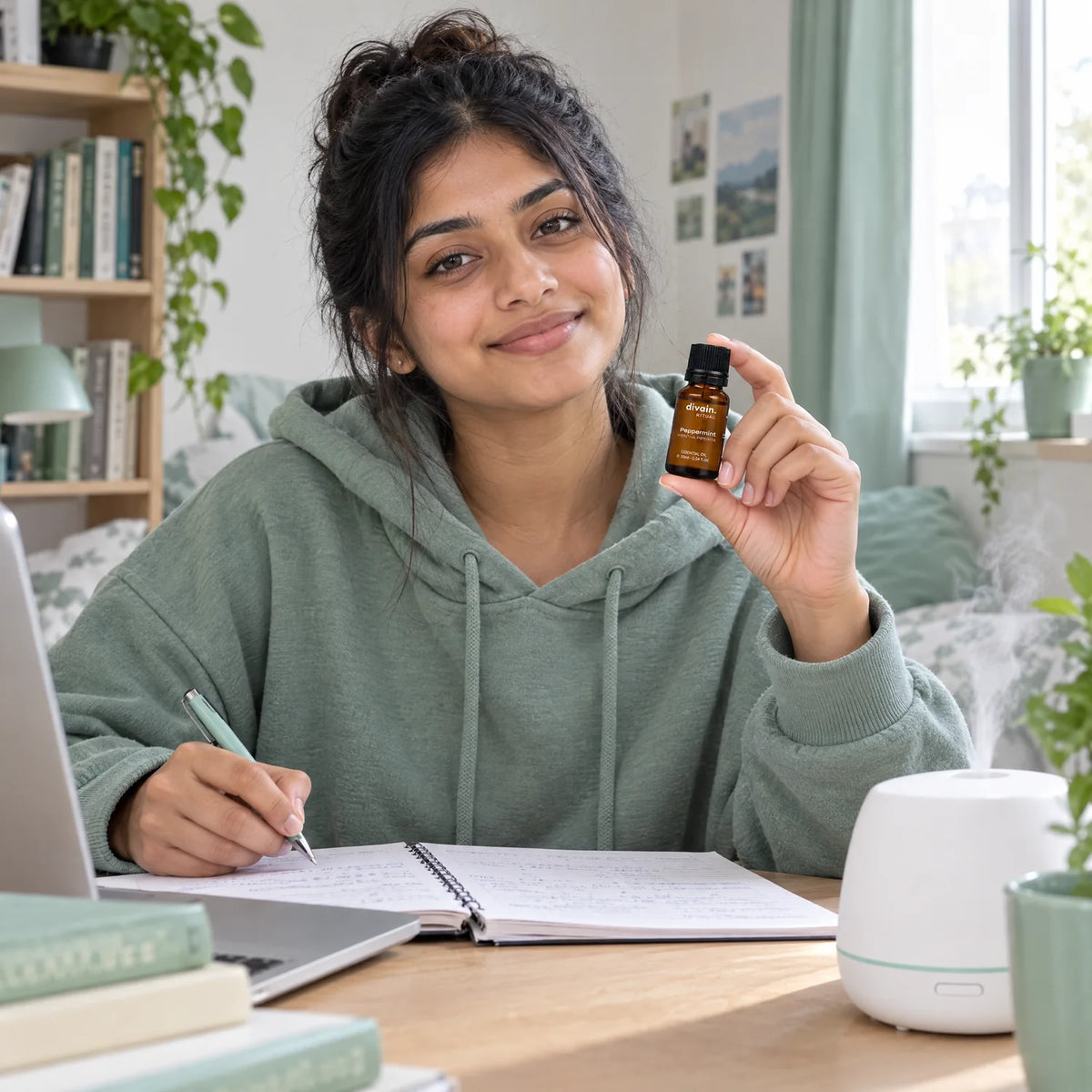 Estudiante en su escritorio con el aceite esencial de menta piperita