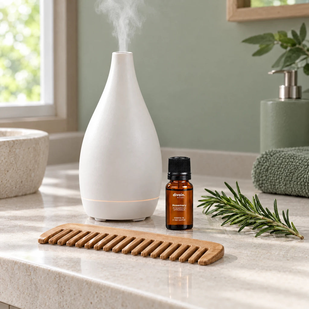 Aceite esencial de romero en la encimera del baño junto a un difusor y un peine de madera