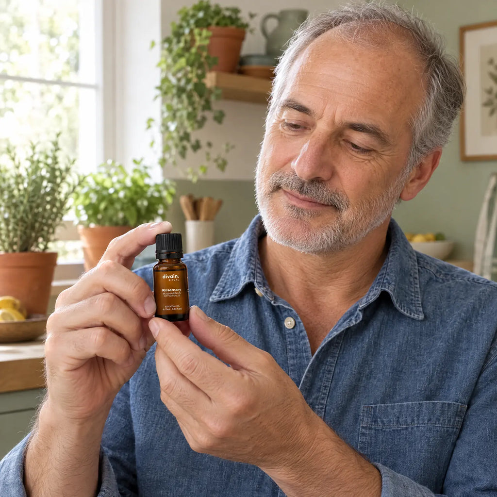 Hombre de 50 años en su cocina con el aceite esencial de romero