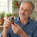 Hombre de 50 años en su cocina con el aceite esencial de romero