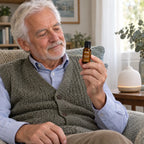 Hombre mayor en su sillón con el aceite esencial de eucalipto