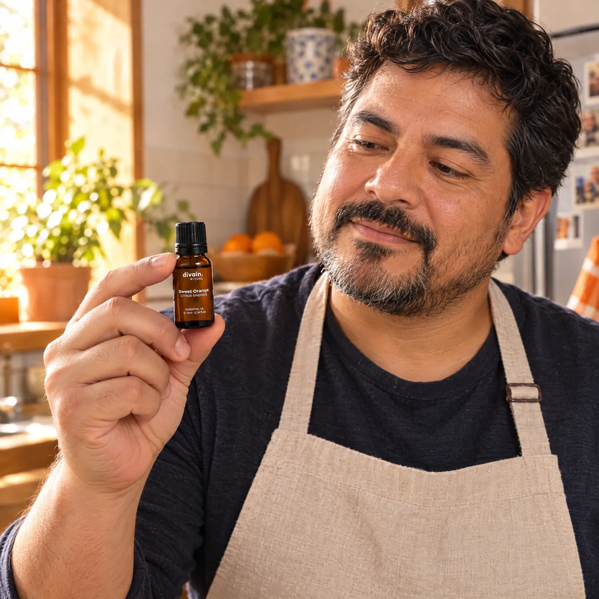 Hombre con delantal en la cocina con el aceite esencial de naranja dulce