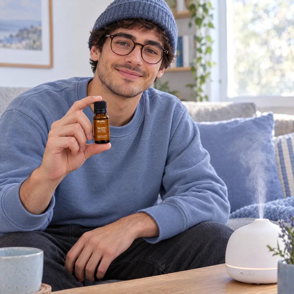 Chico joven en el sofá con la mezcla de aceites esenciales Serenity