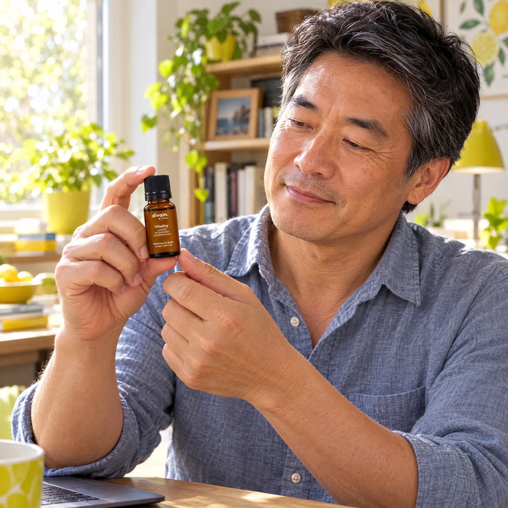 Hombre de 50 años en su despacho con la mezcla Vitality