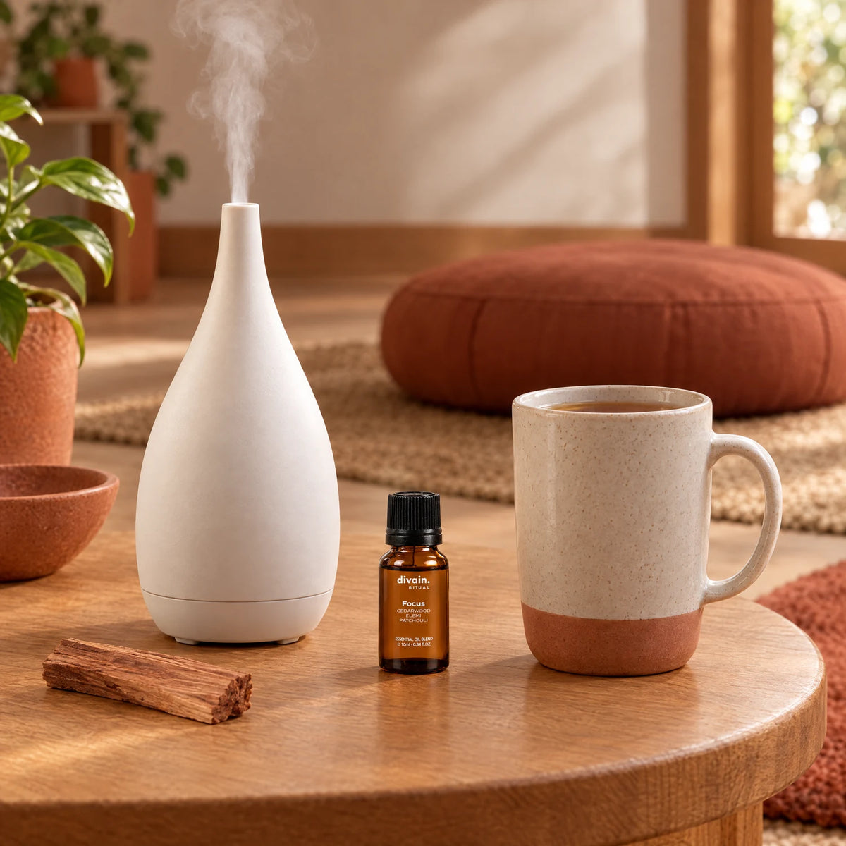Focus en un rincón de meditación junto a un difusor