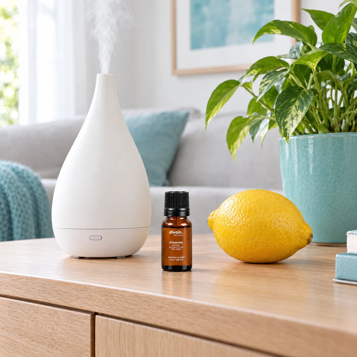 Cleanse en un salón luminoso junto a un difusor