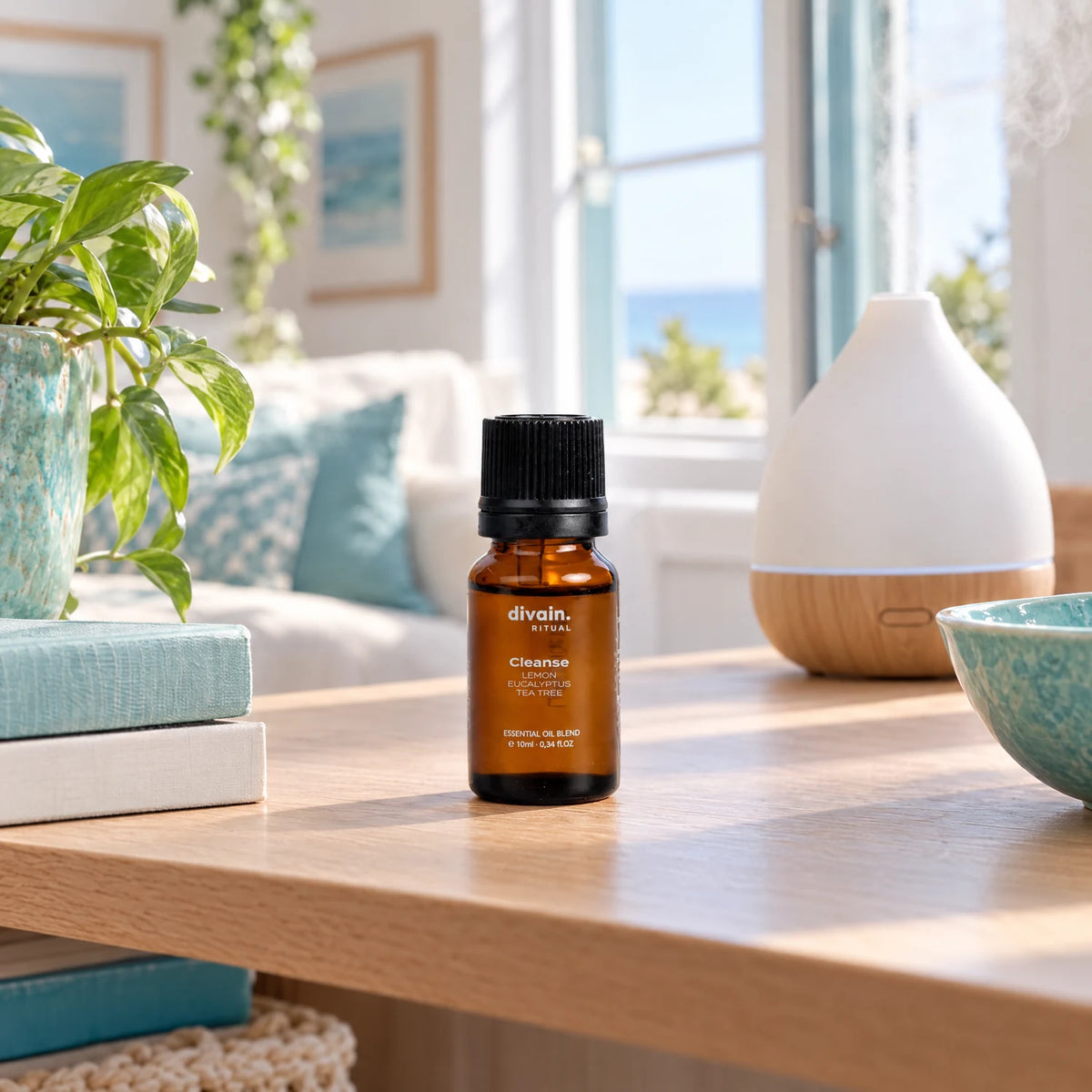 Cleanse en un salón luminoso junto a un difusor
