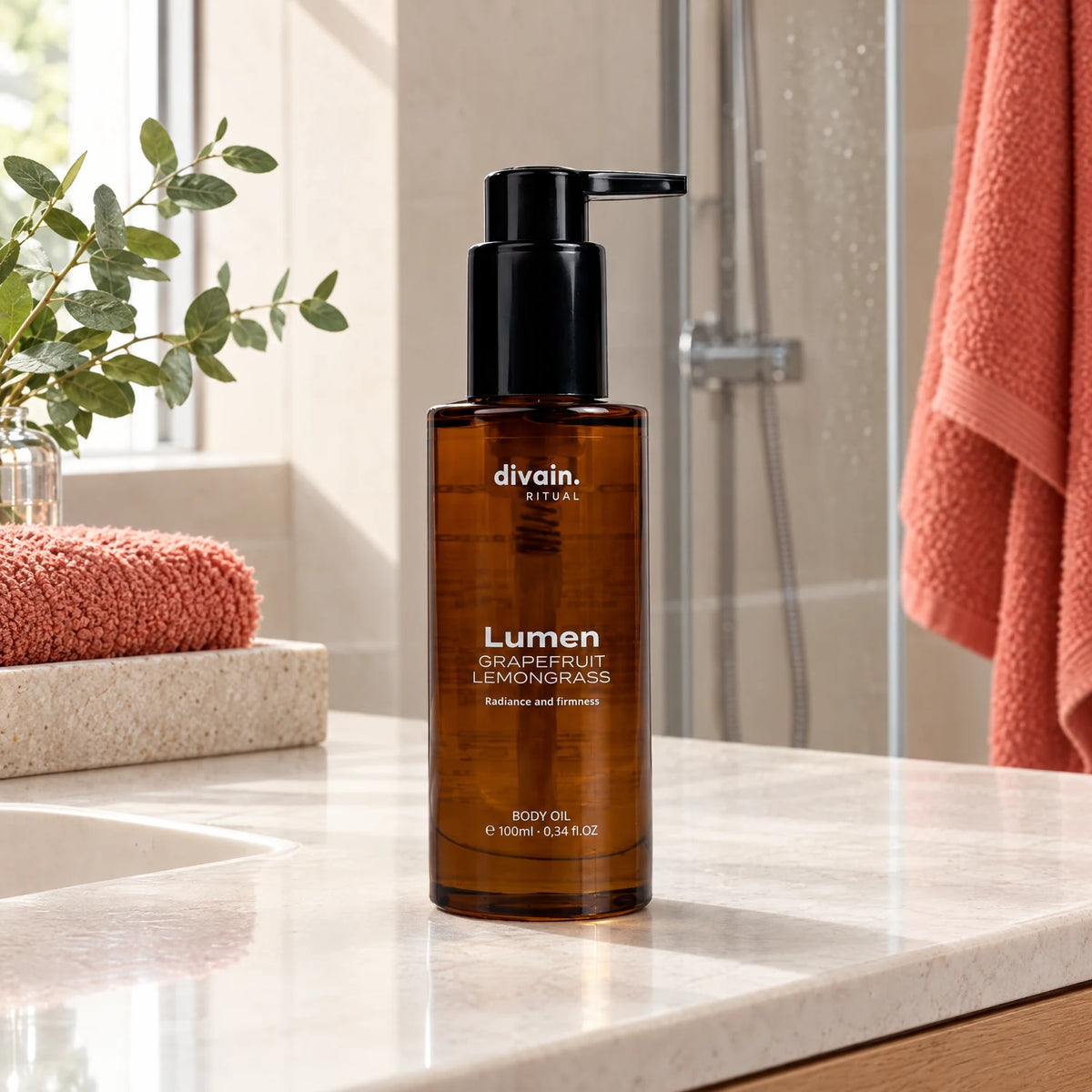 Lumen Body Oil en la encimera del baño junto a la ducha