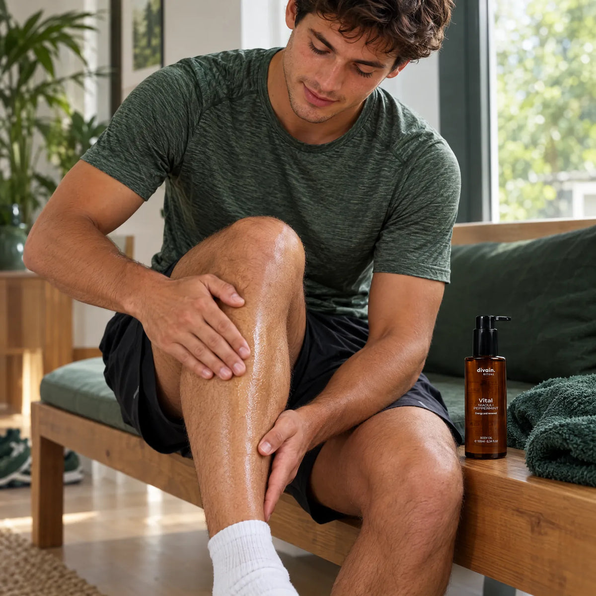 Chico joven masajeándose la pierna tras correr con Vital Body Oil