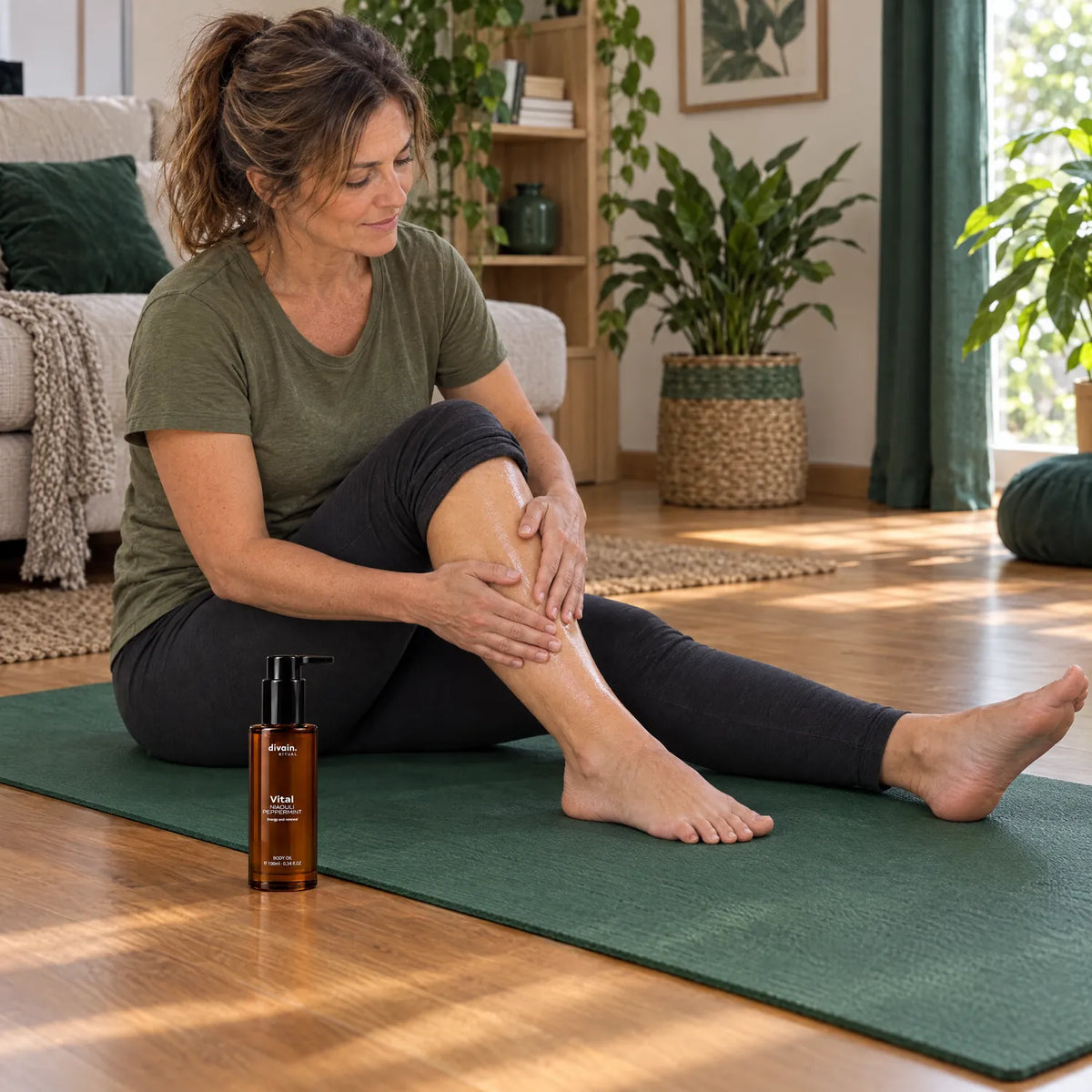Mujer en esterilla de yoga aplicándose Vital Body Oil en la pierna
