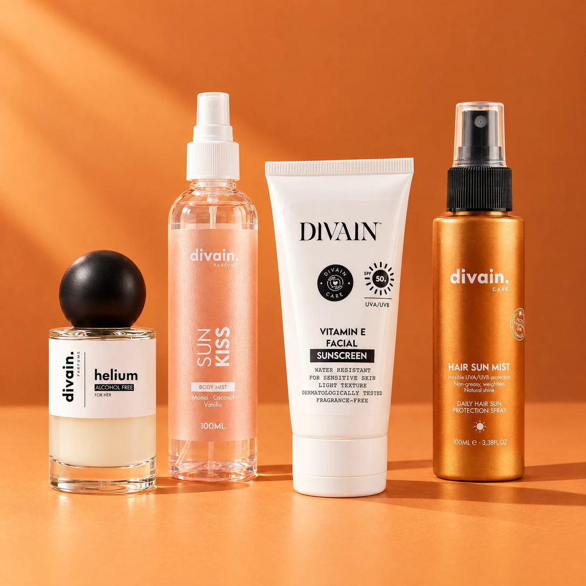 Pack Imprescindibles de verano: divain. helium, Sun Kiss body mist, Vitamin E Sunscreen SPF50+ y Hair Sun Mist