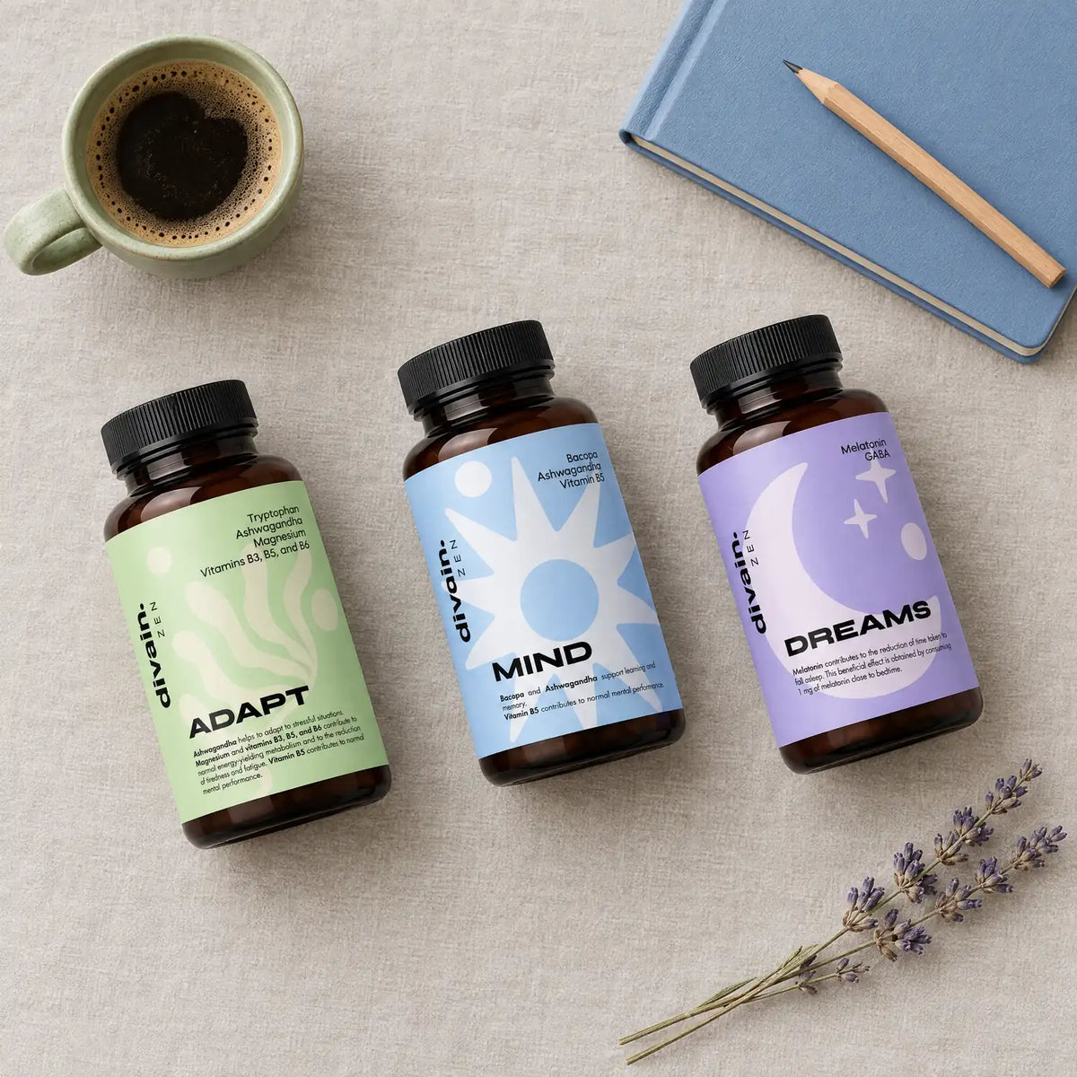 Contenido del pack FLOW: ADAPT por la mañana, MIND durante el día y DREAMS por la noche