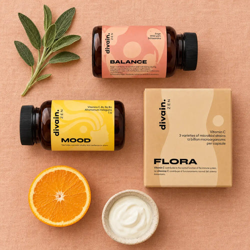Contenido del pack WOMAN BALANCE: BALANCE, MOOD y FLORA con salvia, naranja y yogur