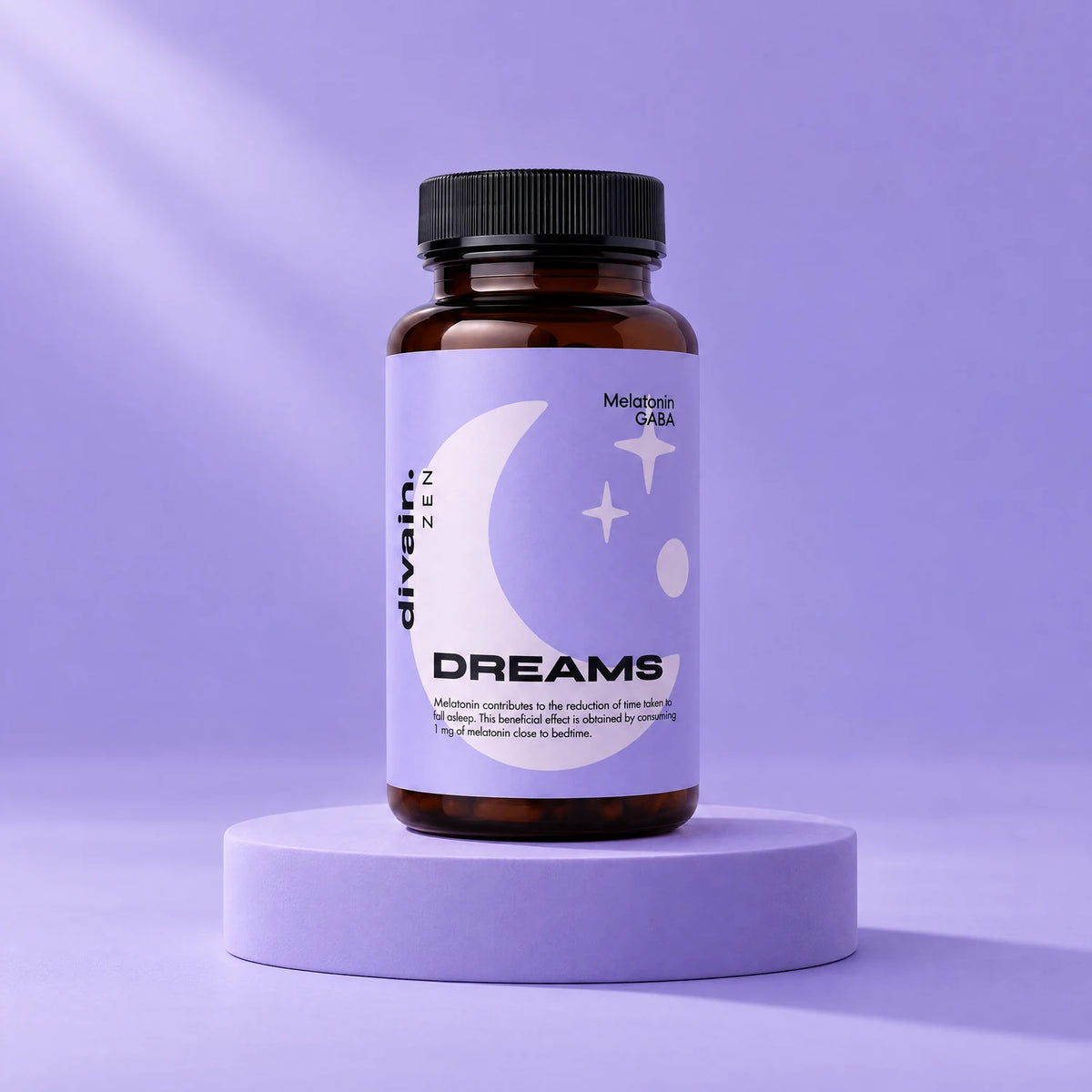 DREAMS divain. ZEN, complemento con melatonina y plantas para dormir sobre fondo lavanda