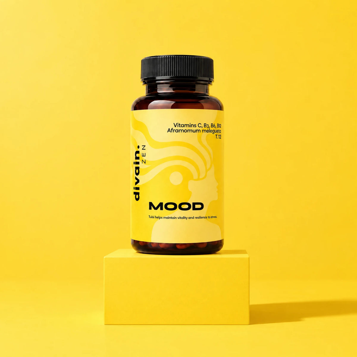 MOOD divain. ZEN, complemento con vitaminas B y C para el ánimo sobre fondo amarillo