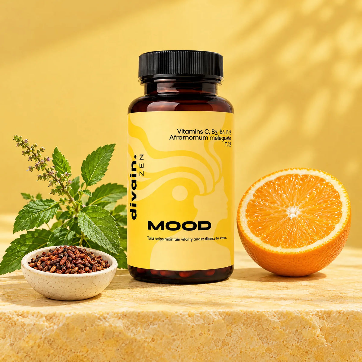 MOOD con tulsi, granos de aframomum y naranja (vitamina C)