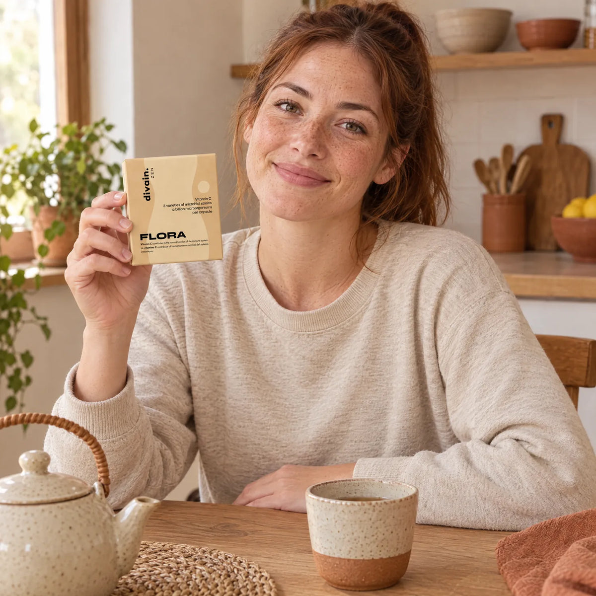 Mujer joven con FLORA después de comer