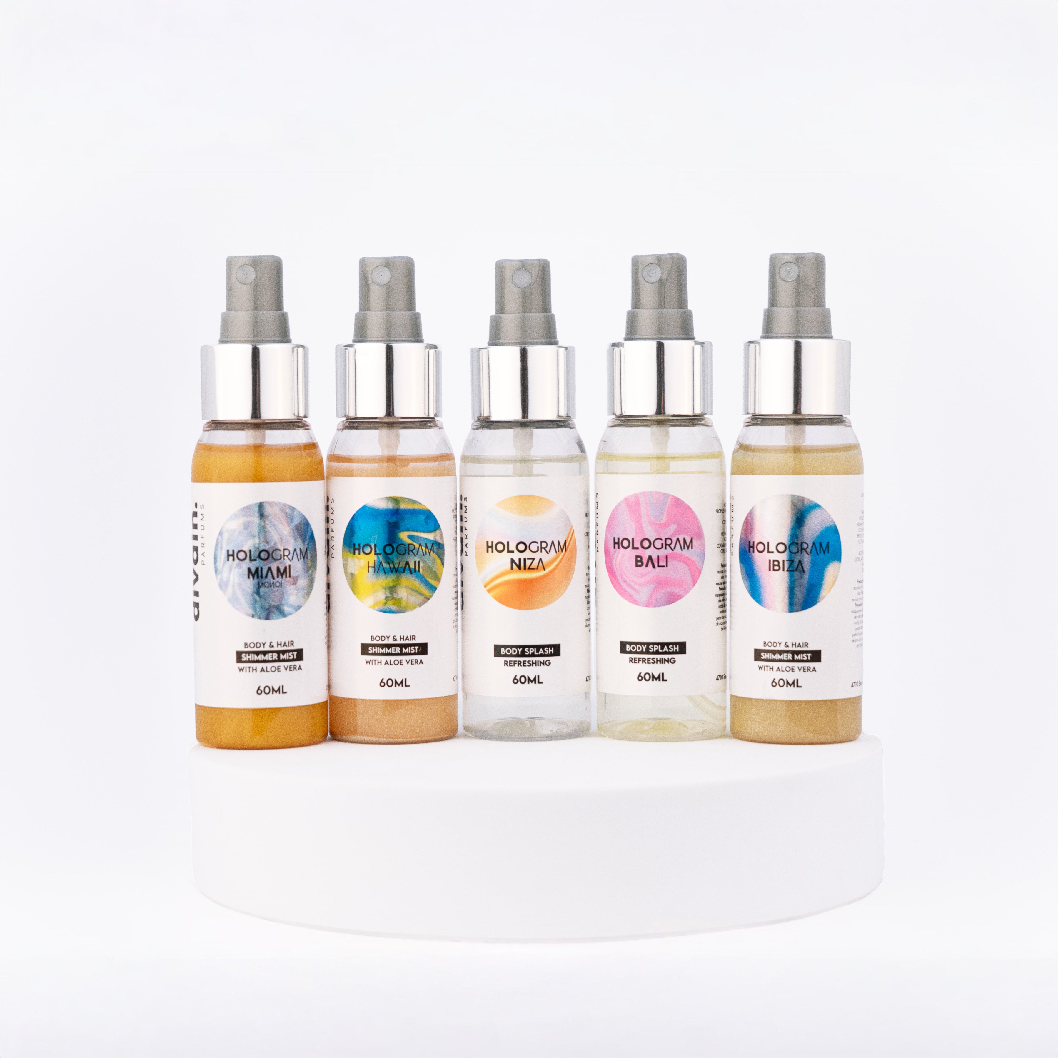 Colección de body splash de 60 ml: Miami, Hawaii, Niza, Bali e Ibiza.