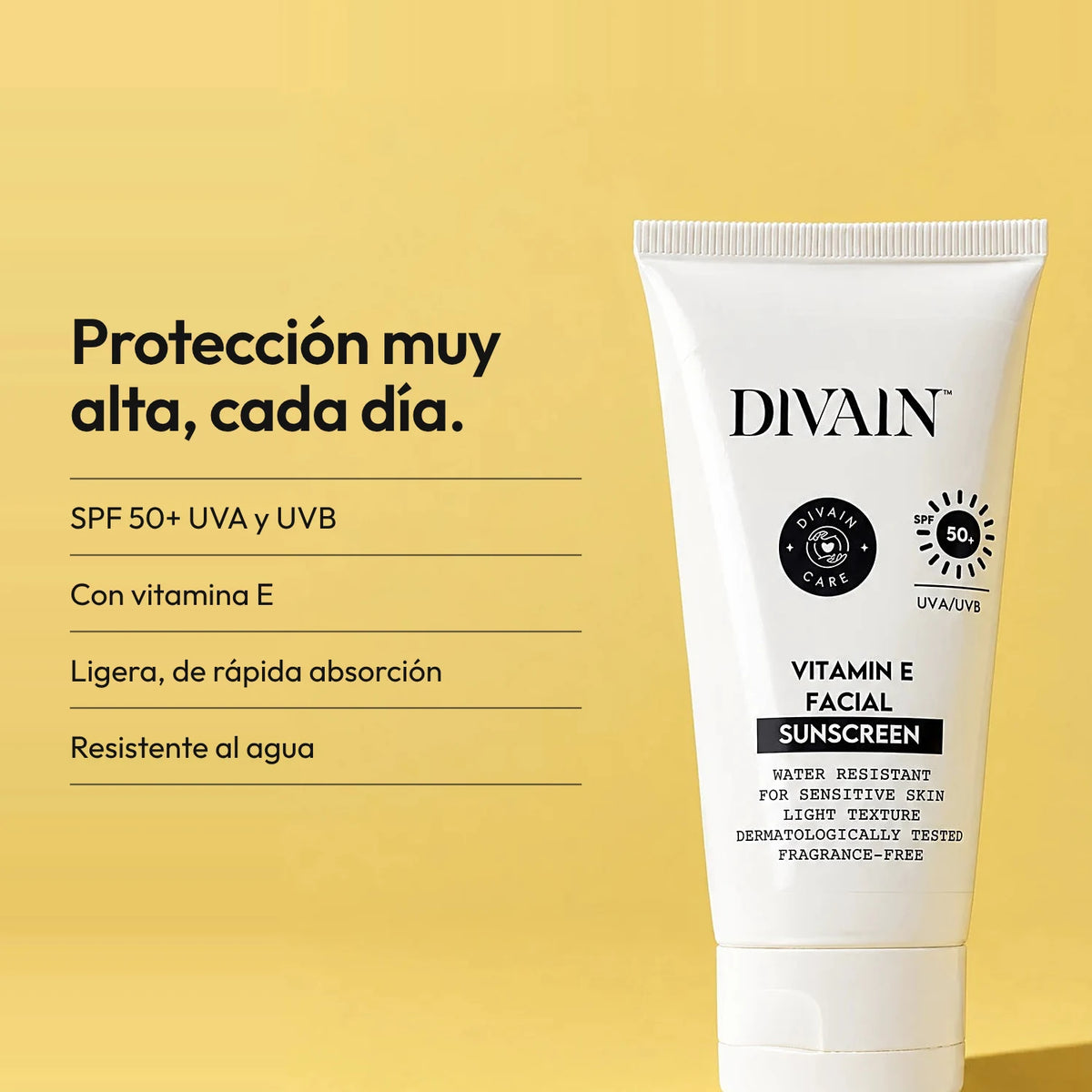 SPF 50+ ligero y resistente al agua, con vitamina E.