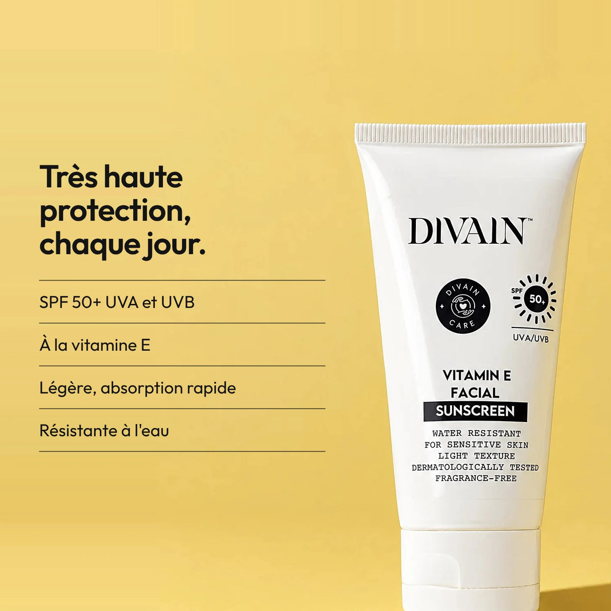 SPF 50+ léger et résistant à l'eau, à la vitamine E.